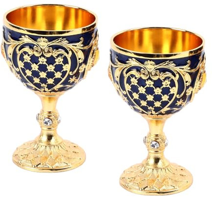 Jwthee Gobelet à calice vintage, 2 pièces, gobelet médiéval vintage, gobelets rétro, calices royaux, tasse à vin, gobelet à vin vintage, tasses à vin en métal, tasses de communion (Blue)