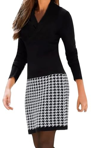 KBOPLEMQ Vestido de punto para mujer, elegante, estampado de pata de gallo, vestido de lápiz, monocolor, cuello en V, vestido envolvente, manga larga, vestido de jersey, vestido de túnica a rayas,