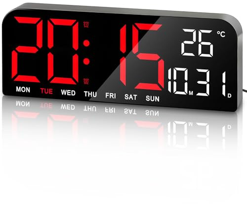 PiKaPiKaP Orologio da Parete Digitale 10, Orologio Digitale con Temperatura/Conto alla Rovescia/4 Livelli di Luminosità, Grande Sveglia da Collegare per Camera da Letto, Soggiorno, Ufficio
