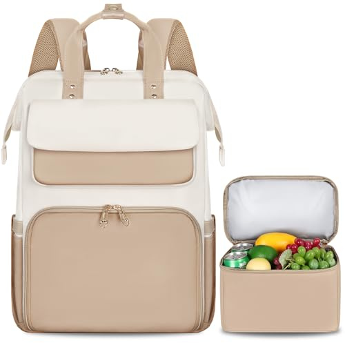BERTASCHE Lunch Backpack for Women, 15.6~17.3 Inch Laptop Backpack with Insulated Cooler Lunch Box, Work Bag for Teacher Nurse Travel College Picnic,Khaki-white-No Lunch Box-15.6