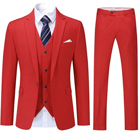YOUTHUP Herr 3-delad kostym formell business slim fit kostym 1 knapp solid blazer väst byxor, Röd, L