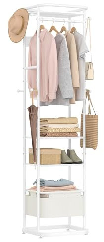 Hzuaneri Garderobenständer, Kleiderständer mit Großer Aufbewahrungskorb, Garderob mit 3 Ablagen & 11 Haken, 40 x 44,5 x 182 cm, für Schlafzimmer, Flur, Eingangsbereich, Wohnzimmer, Weiß