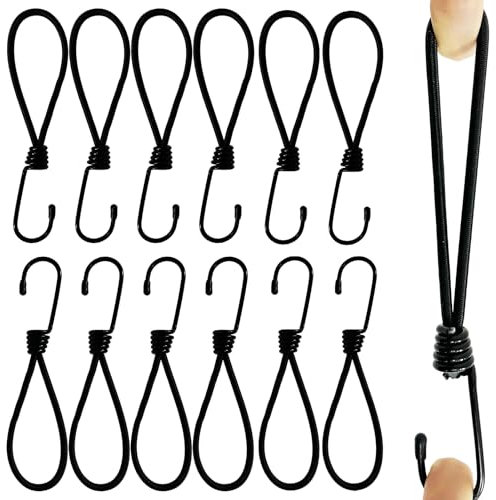 12 Pack Durable 6MM Bungee Cords with Strong Metal Hooks, Heavy Duty 6Inch Outdoor Cord Straps and Fixings - for attaching Canopy Camping Tent Side Curtains.Garage Organizer or Tie Down for Travel