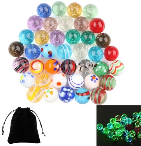 LongZYU 40 Pièces Billes en Verre Multicolore Bille Calot Rare 16 mm inclure 20 Billes Phosphorescentes Enfant et 20 Galots Billes Colorées pour Projets de Bricolage Enfants Jeu Décoration Maison