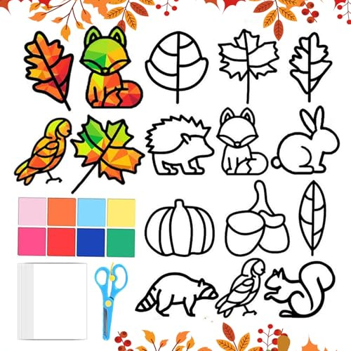 Ntwdby 12 Pièces Automne Kit d'artisanat de Fenêtre, DIY Gommettes Automne Enfant, Kits de Couronnes D'automne, Artisanat de Couronne d'automne, Bricolage d'automne en Mousse, Décoration Vitrail