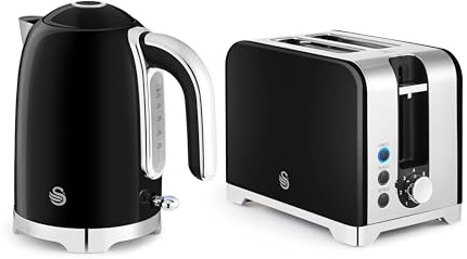 Swan Solace Kitchen Set, 1.7L Kettle, 930W 2 Slice Toaster, SK19026BLK + ST1903BLK, Black