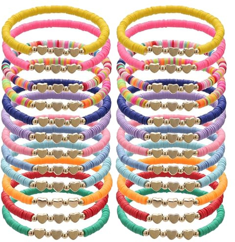 EDLMKM 24 Pcs Flat Heart Bead Adjustable BFF Friendship Braceletsz, Preppy Bracelets for Girls, Colorful Girls Braceletss, Kids Bracelets with Flat Beads, Clay Bead Braceletss, Party Bag Fillers