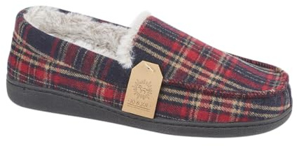 Jo & Joe Men's Moccasin Slippers, Herringbone Check Tweed, Fleece and Faux Fur Lined, Slip-On (Red Plaid, UK Footwear Size System, Adult, Men, Numeric, Medium, 9)