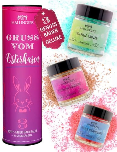 Hallingers Genuss Manufaktur Badesalze Oster-Geschenk-Set - 3x Badezusatz mit Totes Meer Badesalz edle Geschenkdose, Badekristalle Fußbad & Spa Gruß vom Osterh..., Ostern Körbchen für Frauen Männer