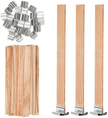 60 Ensembles Meche Bougie Bois Naturel 13x130mm avec Support en Metal Epaisseur 0.5mm Meches pour Bougies Fait Main Mèche pour Bougie Aromatherapie sans Fumee Kit Bougie Accessoires Maison