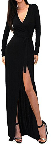 Vivicastle Women's USA Sexy Long Sleeve Tulip Wrap Slit Front Full Long Maxi Dress (Large, Black)