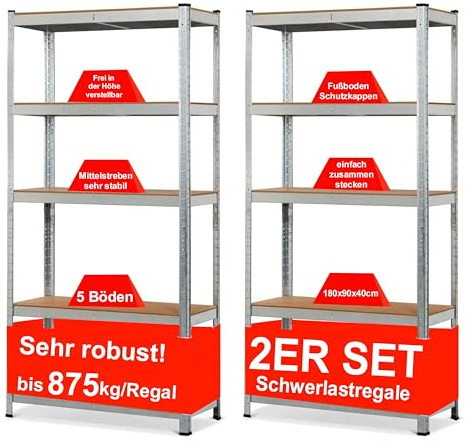 Izzy Regal Schwerlastregal, 2er-Set - 180 x 90 x 40 cm, 5 Böden, 875kg Tragkraft, Steckregal, Lagerregal Werkstattregal Kellerregal MDF-Platten