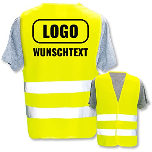 PixiPrints.com Warnweste bedruckt mit Ihrem Namen Text Bild Logo * Farbe + Größe: Gelb (M/L) * Druckposition: Rücken * echte Reflex-Leuchtstreifen * personalisiertes Design selbst gestalten