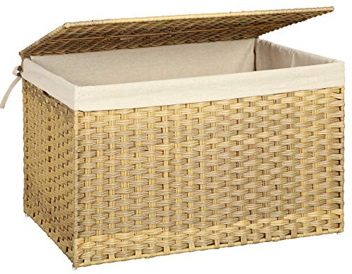 SONGMICS Storage Basket with Lid, Woven Blanket Storage Bin with Handles, Foldable, Removable Liner, Metal Frame, for Bedroom, Laundry Room, 42.3 Gallons (160 L), Natural URST76NL