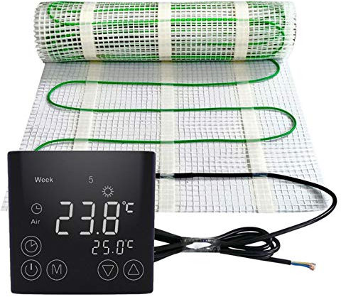 Elektrisk golvvärme, 150 watt per m², termostat touch, svart, elektrisk, TWIN-teknologi, JWS, olika storlekar, storlek (m²): 10 m²