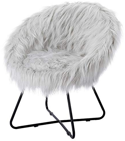 BIRDROCK HOME Faux Fur Papasan Chair with Black Legs - Luxuriously Soft & Lightweight - Wide Cushion Seat for Playroom, or Living Room - Moon Chair - Metal - Fluffy Round Seat - Circle - Grey