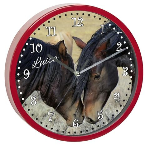 CreaDesign, Wanduhr für Kinderzimmer Paint Horses, Kinderuhr rot mit Quarz Uhrwerk, personalisiert mit Name, Durchmesser 19,5 cm