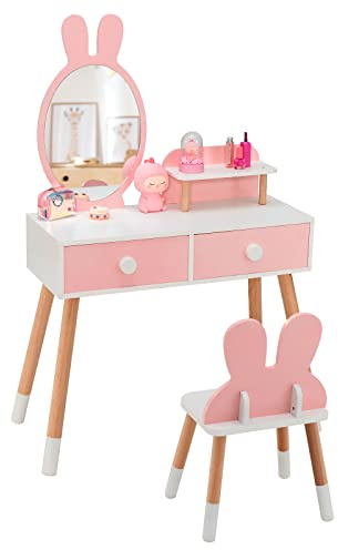 RELAX4LIFE 2 in 1 Toeletta Trucco Bambina con Specchio e Sgabello, Set Tavolo da Trucco con 2 Cassetti, Centro di Bellezza, Giocattolo da Trucco per Bambini dai 3 ai 7 Anni (Rosa)