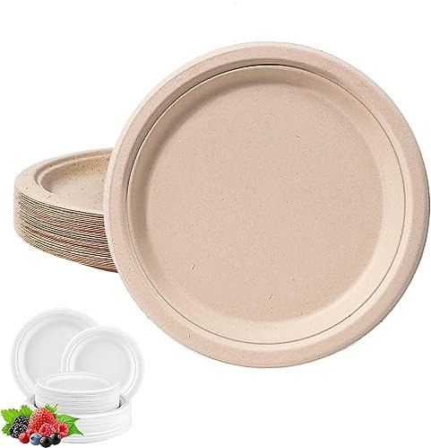 YAAVAAW Disposable Paper Plates Brown 6inch/15cm,Super Rigid Bagasse Eco-Friendly Compostable Biodegradable Plate,50Pack Sturdy Sugarcane Party Strong Heavy Duty for Hot/Cold Food