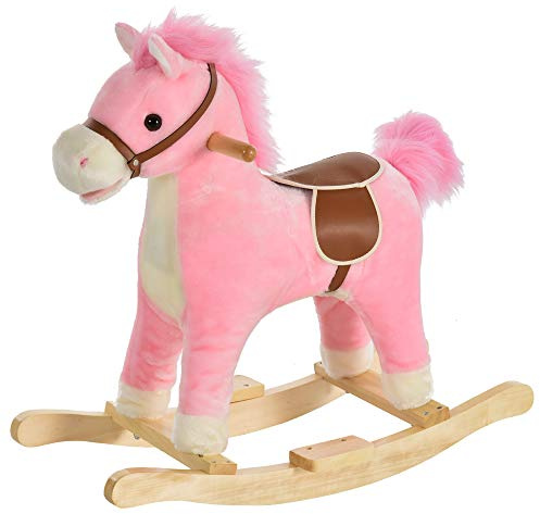 Qaba Rocking Horse Plush Animal on Wooden Rockers, Baby Rocking Chair with Sounds, Moving Mouth, Wagging Tail, Pink
