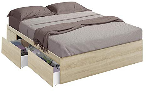 HABITMOBEL Cama Dormitorio con 4 Cajones Inferiores para Somier de 150 x 190, Medidas Exteriores 156 x 196 x 37 cm Acabado Natural