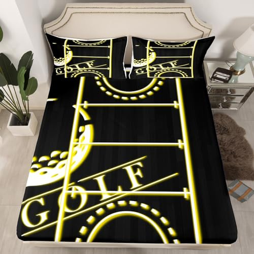 Erosebridal Sport Queen Fitted Sheet for Adults Women Men Golf Sheets, Black Yellow Bed Sheets Gold Gradient Neon Bed Cover, Sports Themed Bed Set Breathable 3 Pieces