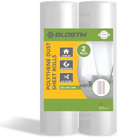 BLOSTM Plastic Dust Sheets for Decorating - 3m x 50m Large Plastic Sheet Rolls 2pcs for use as Furniture & Carpet Protector for Decorating & DIY Projects, Waterproof Plastic Sheeting 3m x 50m - 2PCS