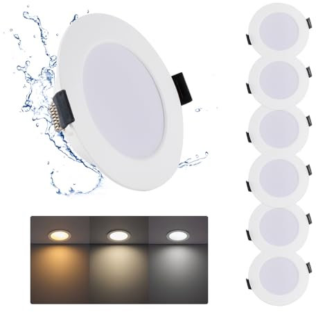 Grebeam 6 Pack LED Recessed Downlights, 7W, IP44 Bathroom & Kitchen Ceiling Spot Lights, 3CCT Adjustable (3000K/4000K/6000K), Fits 95-110mm Holes