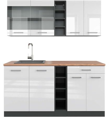Vicco Singleküche R-Line, Weiß Hochglanz/Anthrazit, 160 cm, AP Eiche, zur individuellen Erweiterung mit zusätzlichen Modulen geeignet