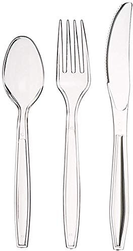 AAKSH 555 Pack of 150, Strong Reusable Clear Cutlery Set [ 50 Spoons, 50 Forks, 50 Knives Set ] Strong Cutlery Set for Birthday Parties Buffets Picnics BBQ's Wedding Camping Christamas Party.