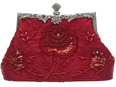 CORIOS Vintage 1920s Cuentas Bolsa de Noche Clutch con Floral para Mujer Embrague de Lentejuelas Bolsos de Fiesta Bolso de Boda Elegante Bolso de Hombro para Banquete Fiesta de Graduación Rojo