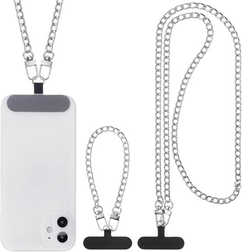 Moguri Juego de 2 cadenas para teléfono móvil de plata, 30 cm y 120 cm, con 4 parches negros, soporte universal para smartphone para todos los modelos, ideal para viajes, actividades al aire libre