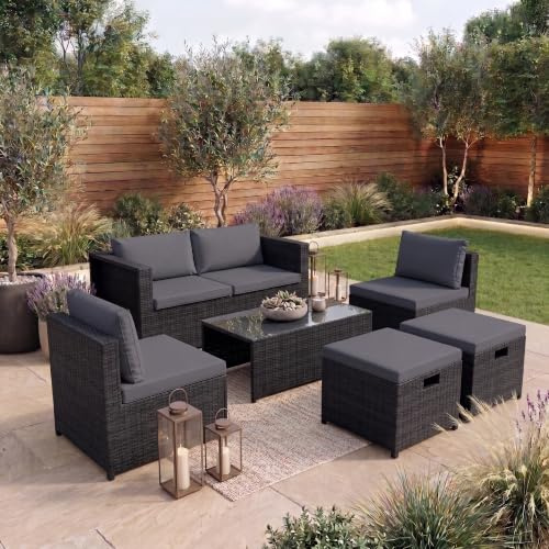 Garden Vida Islay 6 Seater Rattan Seating Set | Black | Fully Assembled | Complete Outdoor Patio Garden Furniture Set | Steel Frame & PE Wicker | UKFR Certified | Weather Resistant, Tempered Glass