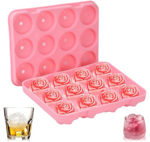 Stampo per Cubetti di Ghiaccio,Stampo per Ghiaccio a Forma di Rosa in Silicone - 12 Cubetti Facili da Rilasciare con Coperchio, Multiuso per Cocktail, Whisky, Bourbon,Resistente