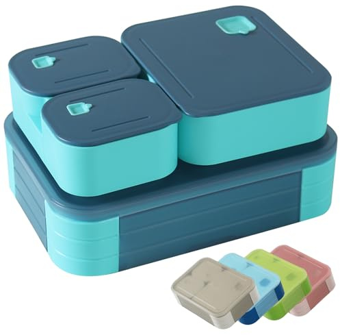 Swkien Bento Lunch Box for Kids, 1100ml Nestable Snack Box with 3 Compartments, Leakproof Lunchbox Microwave & Dishwasher Safe for School, Work, Picnics & Travel - Dark Blue