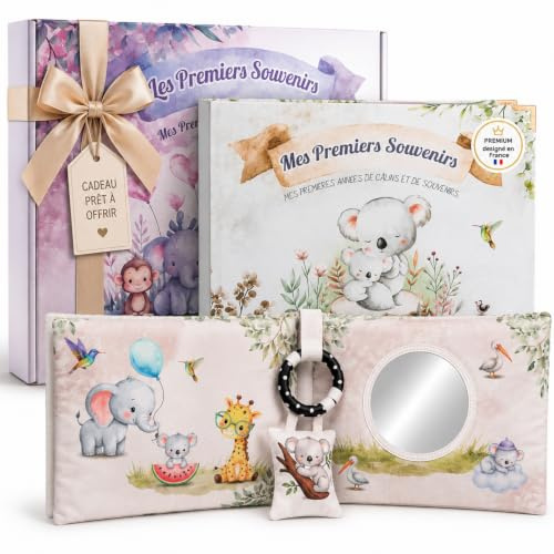 Cadeau de Naissance Bébé – Livre de Naissance Premium avec Album Tissu Sensoriel & Kit Empreintes | Coffret Souvenirs Bébé Fille et Garçon (0-5 ans)