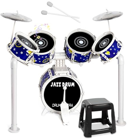 Verdantree Kids Drum Kit, Junior Jazz Drum Set Toddler Toy 5 Drums with Stool Pedal Cymbal and Drumsticks Beginners Musical Instrument Percussion Holiday Birthday Educational Gift for Boys Girls, Blue