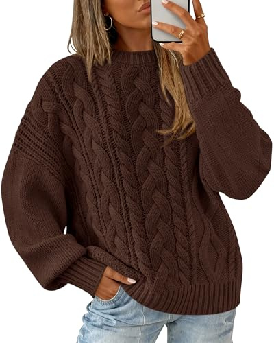 BTFBM Women's Oversized Sweaters 2025 Batwing Long Sleeve Cable Knit Crewneck Pullover Tops Fall Outfits Winter Clothing(Brown, Large)