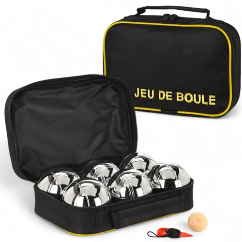 MIJOMA Jeu de Boules - Juego de 6 bolas de metal de 70 mm de diámetro y 700 g – Juego de bolas de petanca con bola de objetivo y cinta métrica – Juego de petanca al aire libre para jardín, camping y