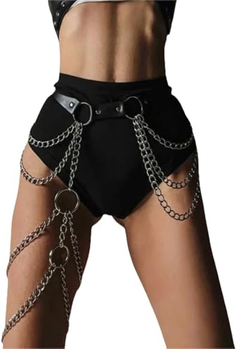 XAGMODSHN Harnais de cuisse gothique en cuir synthétique noir réglable avec chaînes en métal et cuir synthétique pour fêtes, clubs, chaîne en métal noir