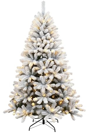 4Ft/1.2m Pre-Lit Yukon Snow Pine Artificial Green Christmas Tree Snow Flocked 230 Tips Branches Snowy Bushy Xmas Home Decorations, with 110 Warm White LEDs, Metal Stand