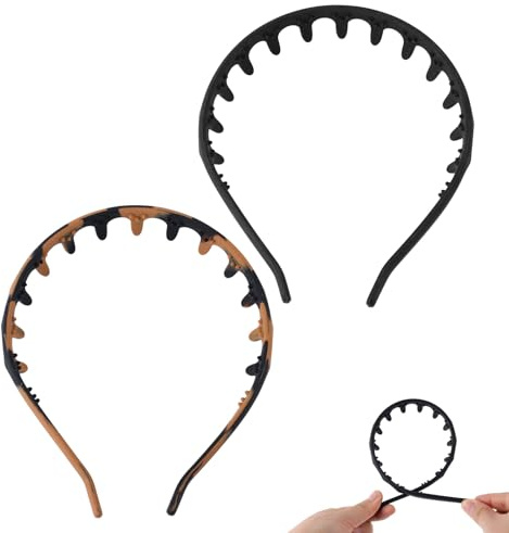 Penitue 2pcs Silicone Comb Headbands for Women, Fashion Headband with Teeth Adjustable Soft Non-Slip Hair Head Bands Flexible U-Shaped Hair Styling Accessories (Black, Amber)