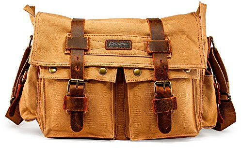 GEARONIC Herrväska i kanvas i läder för 14 tum 15 tum 17 tum bärbar dator vintage axel crossbody