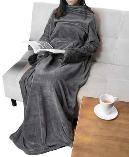 PAVILIA Fleece Wearable Blanket with Sleeves for Adult Women Men, Soft Warm Wrap Throw, Robe Blanket with Arm, Charcoal, Fleece