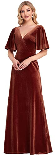 Ever-Pretty Robe de Soirée Col en V Velours A-Line Élégante Rétro Manches Courtes Femme Rouge Brique 46