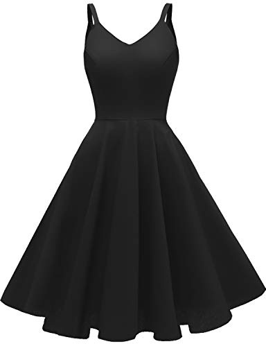 GOOBGS Women's 1950s Retro Vintage Spaghetti Strap Cocktail Swing Dresses with Pockets Black M