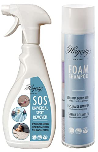 Hagerty Foam Shampoo Spray Detergente in Schiuma per Tappezzerie Lavabili Flacone da 600ml + Hagerty S.O.S Spot Remover Smacchiatore Universale per Tessuti Lavabili Spray da 500ml - 2 Prodotti