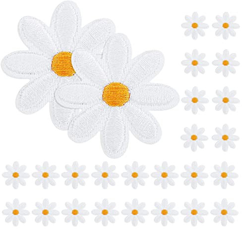 AZWOOD Gänseblümchen Blume Patch, 24 Stück Bestickte Aufnäher, Dekorativ Bestickt Patches zum Aufbügeln oder Aufnähen auf Kleidung, Hut, Jeans, Rucksack, Schuhe, Tasche, DIY-Dekoration (Weiß)