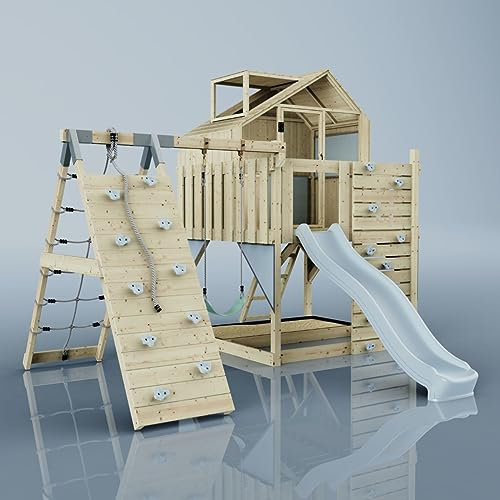 Rebo Outdoor Spielturm mit Wellenrutsche | Spielhaus aus Holz mit Kinderschaukel, Kletterwand, Kletternetz | Stabile Konstruktion, Weiches Gefühl in den Seilen