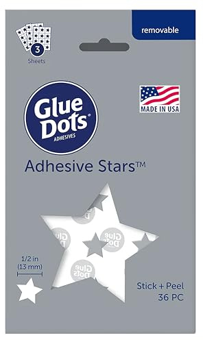 Glue Dots® Adhesive Stars ™, Permanent, 1/2, 1-Pack, 36 Stars, Chore Chart Tracking, Scrapbooking, Craft Embellishments for School, Glue Stick & Tape Alternative, Clear with Silver Glitter